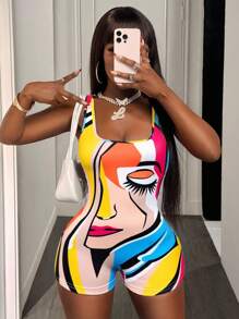 BamGleam Women Sleeveless Abstract Face Print Tight Jumpsuit - Multicolor - View 4