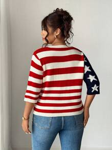 Elenzga Plus Size Fashionable Versatile Short Casual Striped Cardigan American Flag Top Patriotic Top 4th Of July Top Red White And Blue Top American Flag Cardigan Winter Fall Autumn - Multicolor - View 2