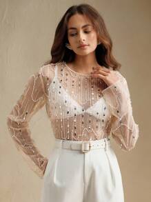 Anewsta Damen neue Mode Resort Stil Langarm Bluse mit Stickerei & Pailletten, elegante Party Bluse