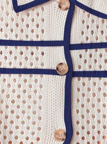 Qadelle Women's Holiday Casual Contrast Color Stripe Hollow Knit Cardigan - Khaki - View 5