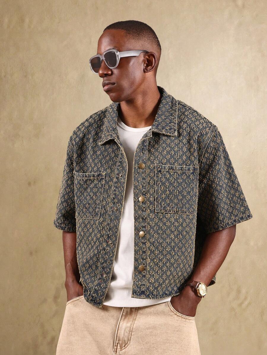 SUMWON قميص جينز بأكمام قصيرة وأزرار نمط أحرف كاجوال صيفي، ملابس شوارع، فيت مربع، موضة فينتاج ملحوظة