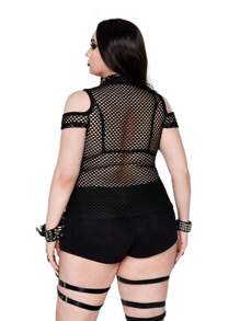 SHEIN Whyspr Camisa de malla de estilo oscuro con hombros descubiertos para vacaciones, talla grande para mujer