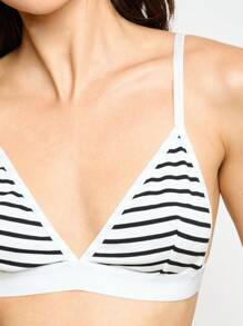 AiiRZ Triangle Bralette Brief Matching Lingerie Ribbed Knit Stripe Pattern Elastic Band Comfort Underwear Set Casual Daily Essentials - Black and White - View 4