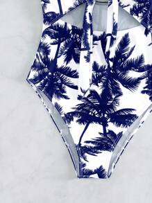 Swim Vcay Coconut Tree Printed Hollow Out One-Piece Swimsuit, For Vacation & Beach For Summer
