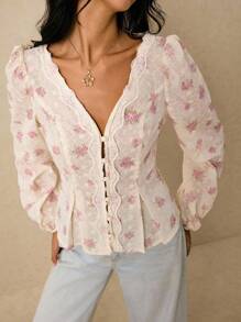 Poéselle Women's Shirts Embroidered Shirts Button Placket Long Sleeve Shirts Boho Cute Shirts Women's Tops Elegant Floral Embroidered Woven Long Sleeve Blouse Floral Blouse Boho Blouse Lantern Sleeve Blouse Puff Sleeve Blouse Old Money Back To School Tea Party Tops Women Streetwear Women Summmer Pink Floral - Multicolor - View 7