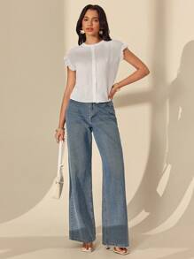 Almamuse Women's Casual Textured Striped Short Sleeve Shirt - White - View 4
