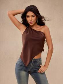Glamance Women's Twist Shoulder Asymmetrical Hem Fitted Blouse Suitable For Summer Top Brown Top Chocolate Brown Top Coffee Brown Top Going Out Top Streetwear Women Grunge Punk Y2K 2000s Cute Top Back To School Club Outfits Women Sexy - Mocha Brown - View 3