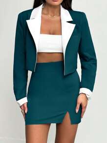 EURMUSE 2 件套女士商务时尚撞色翻领短款西装外套和高开叉紧身裙套装，春秋 - 綠色 - 查看 5