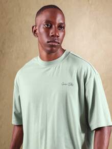 SUMWON Camiseta de lujo con eslogan offline, estampado de montaña, casual oversize, ropa de calle de verano, inspirada en la naturaleza, camiseta gráfica - Verde - Ver 5
