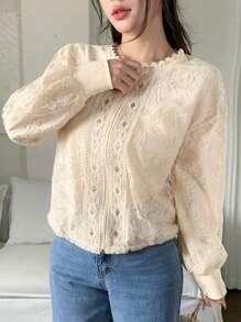 DAZY 优雅蕾丝圆领宽松女式衬衫，秋季女装长袖上衣 - 米色 - 查看 5