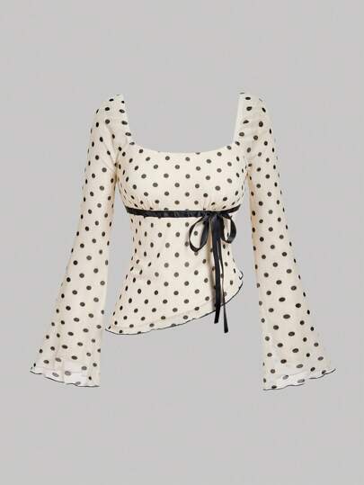 SHEIN MOD Women's Square Neckline Polka Dot Flared Sleeve Bow Accent Mesh T-Shirt,Going Out Tops Women,Birthdays For Women,Clubs Women Sexy,Y2k Tops,Brunchs For Women,Country Concert,Bow Top