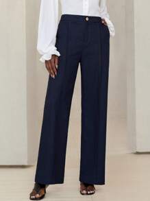 Aveloria Modichic British Style Linen-Look Straight Leg Pants With Metal Buttons Fall Cloth For Women - Navy Blue - View 1