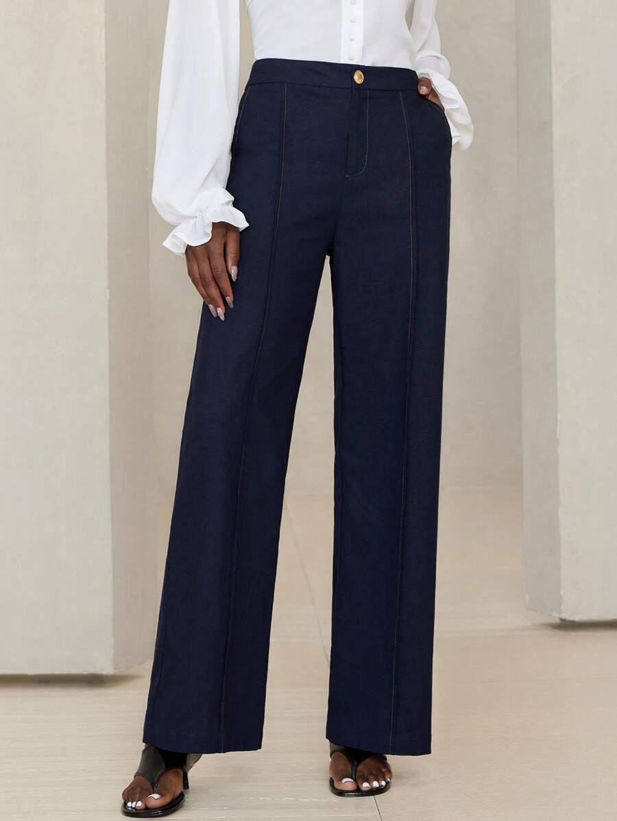 Aveloria Modichic British Style Linen-Look Straight Leg Pants With Metal Buttons Fall Cloth For Women - Navy Blue - View 1