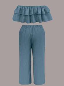 2pcs/Set Women Shoulder Top & Wide Leg Pants Set - Dusty Blue - View 2