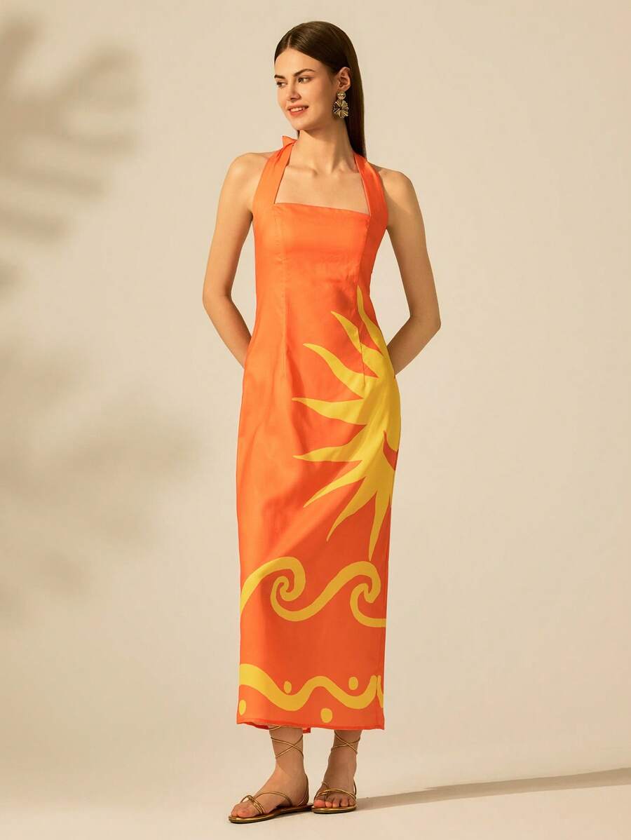 CAJUNI 女式夏季度假海滩休闲热带波西米亚风格橙色波浪印花露背中长连衣裙 - 彩色 - 查看 1