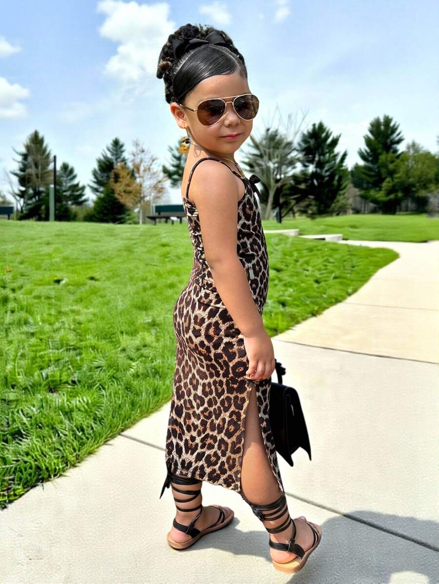 Young Girls' Leopard Print Spaghetti Strap Dress With Bow Flare Skirt Design, Casual Everyday Streetwear Little Girls Leopard Dress Leopard Print Dress For Girls - Coffee Brown - View 1