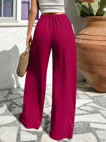Plus Size High Waist Wide Leg Solid Color Casual Vacation Pants