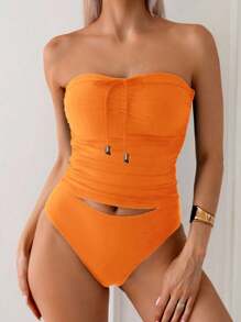 Swim Lushoire Elegant, Versatile, Form-Fitting Bandeau Tankini Set For Summer Beach Vacation - Orange - View 4