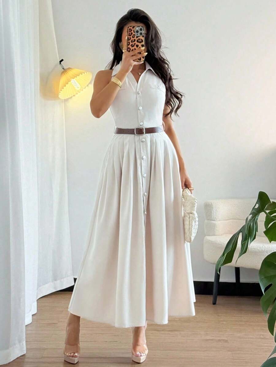 Rafferiza 女式束腰 V 领无袖开衩纽扣衬衫裙 - 卡其色 - 查看 1