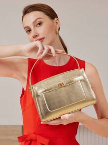 MOTF PREMIUM PU 皮革转锁顶部提手包，适合通勤 - 金色 - 查看 1