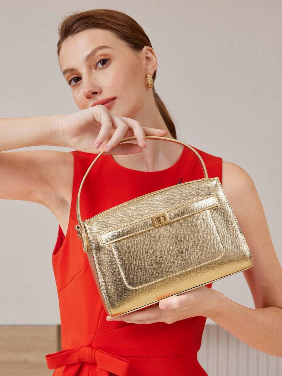 MOTF PREMIUM PU 皮革转锁顶部提手包，适合通勤 - 金色 - 查看 1