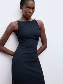 Maija 2025年夏季新款黑色细肩带褶饰腰部无袖连衣裙，商务休闲日常通勤，优雅海滩度假装、婚礼宾客装、乡村音乐节装、早午餐装、机场装，90年代复古美学