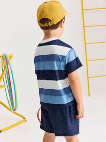 SHEIN Young Boy Casual Stripe Raglan Short Sleeve T-Shirt And Shorts Set, Simple & Comfortable - Navy Blue - View 5