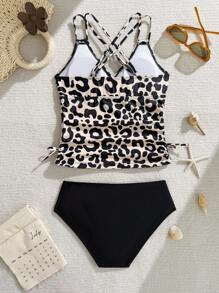 2pc Girls Neon Leopard Print Bikini Set, Adjustable Spaghetti Strap Crop Top & Pleated High-Waist Bottoms, Perfect For Swimming, Vacation, Outdoor Activities In Summer