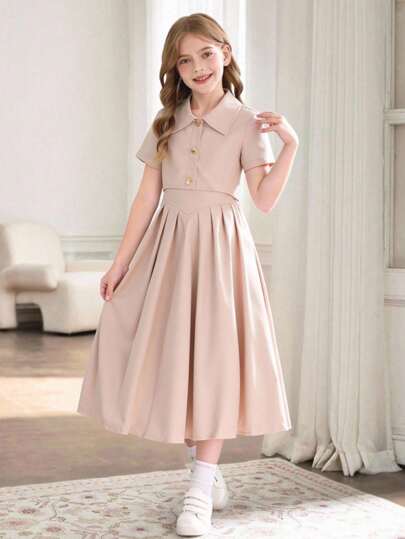 SHEIN 优雅时尚可爱女孩短袖连衣裙，时尚二合一外套披肩 V 领纽扣长裙，舒适透气，适合返校季，所有季节