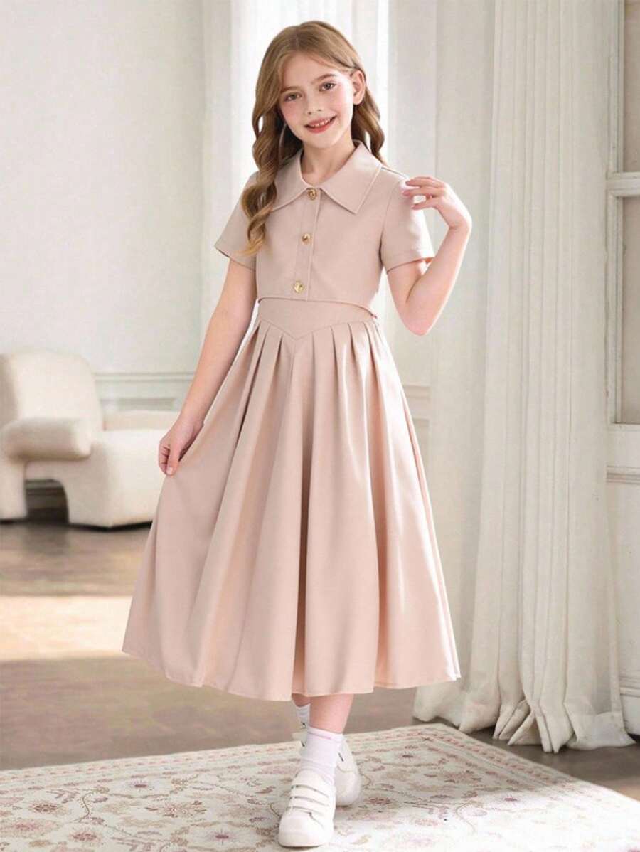 SHEIN 优雅时尚可爱女孩短袖连衣裙,时尚二合一外套披肩 V 领纽扣长裙,舒适透气,适合返校季,所有季节 - 卡其色 - 查看 1