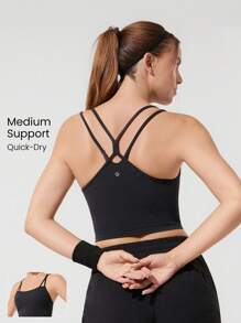 GLOWMODE Sutien sport FeatherFit™-Sculpt Double Dose Compressive, cupe detașabile, cu doză dublă, fără cupe, pentru alergare, jogging, antrenament, sală de sport, impact mediu - Negru - Vizualizare 1