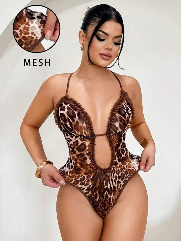 SHEIN SXY Women's Leopard Printed Ruffle Backless Bodysuit, Women S Street Wear, Women Summer Clothing, Leopard Print Bodysuit,Vacation Outfits Woman,Beach Outfits For Woman,Cheetah Print,Club Outfits Women Sexy,Y2k Tops,Rompers For Women Summer,Streetwear Women,Sexy Outfits For Women,Club Outfit,2000s Style