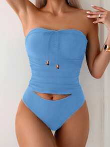 Swim Lushoire Women's Solid Color Elegant Versatile Bodycon Bandeau Tankini Swimsuit Set, Summer Beach