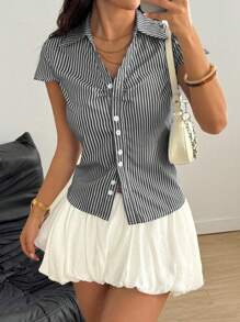 Flirla Casual Front Opening Hooded Short Sleeve Shirt With Tie Cinched Waist - Black and White - View 5