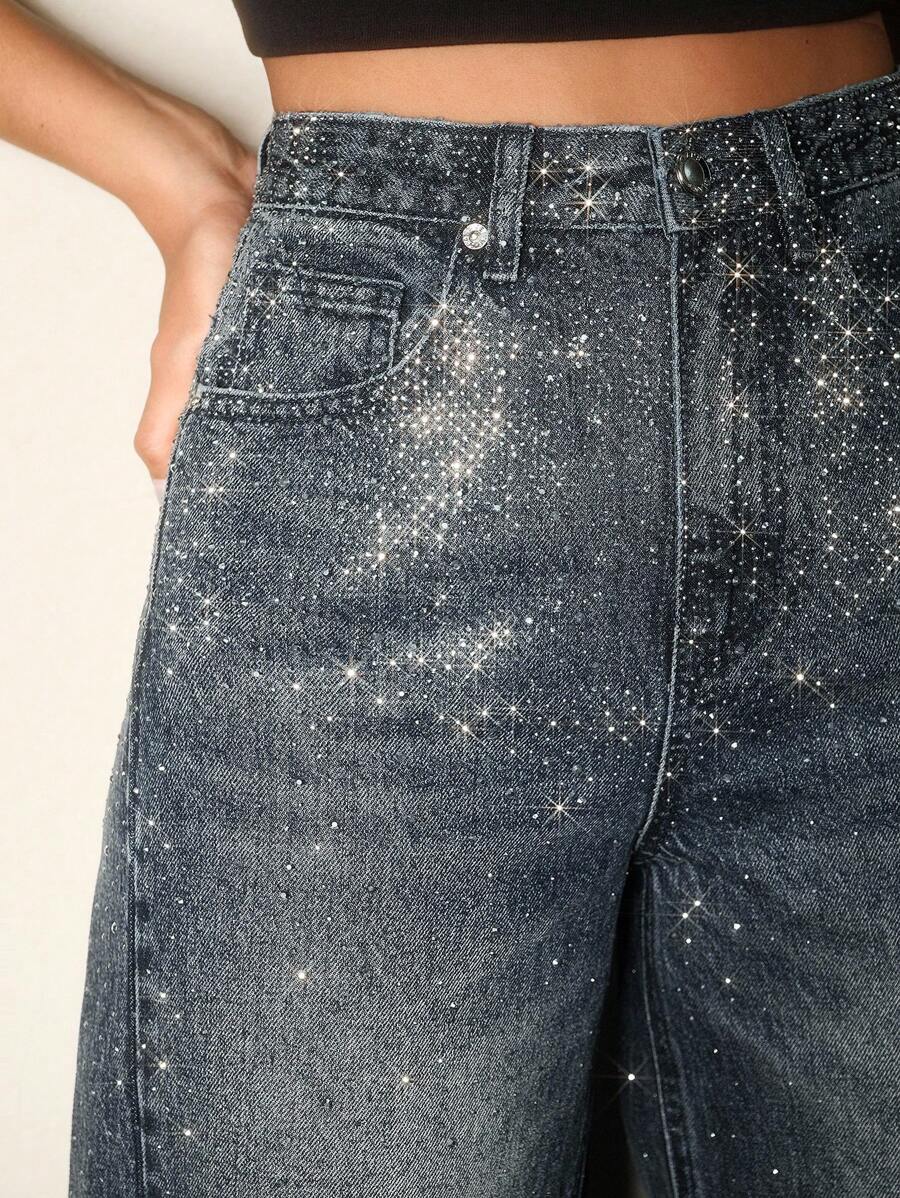 Anewsta Casual Bleached Dazzling Wide Leg Jeans - Blue - View 1