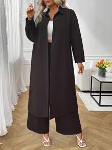 Juhart Plus Size "LUNE" Women's Casual Long Jacket And Regular Pants Retro Simple 2 Pieces Outfit - Multicolor - View 5