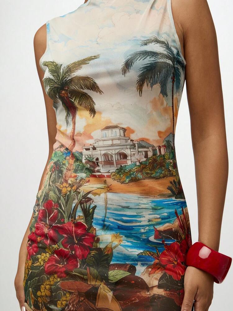 SUMWON WOMEN Vestido mini sin mangas de malla con estampado de palmeras Sunset Vista