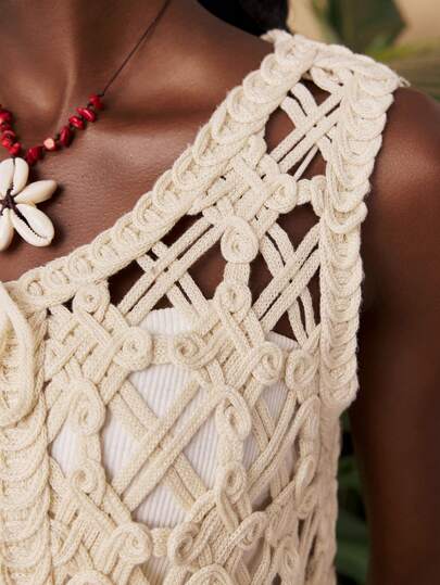 Travachic 女士度假纯色镂空前系带无袖针织上衣，钩针编织，度假风格，休闲夏日度假，波西米亚海滩度假，波西米亚风