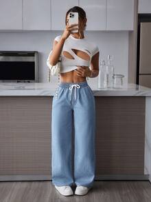 SHEIN PETITE Women's Casual Drawstring Waist Straight Leg Washed Denim Jeans - Blue - View 5