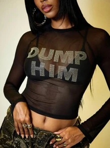 ROMWE Street Life California Bombshell – Figurbetontes Damen Top mit transparentem Strass-Slogan