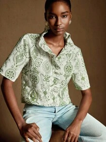 Écloséra Women's Summer Elegant Embroidered Ruffle Collar Blouse