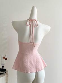 Sweetra 女士红色格子蕾丝拼接甜美度假细肩带吊带背心，适合海滩、春夏季 - 粉色 - 查看 2