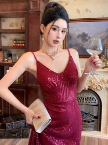 DAZY 亮片V领开衩吊带中长连衣裙，适合女士返校节、舞会、新年、圣诞节、嘉年华等场合，闪亮亮片连衣裙 - 酒紅色 - 查看 1