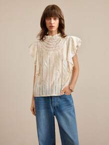 Ontre Blusa de mujer con volantes, manga con volantes, unicolor, elegante y de moda para primavera/verano, adecuada para exteriores, playa, estilo bohemio de vacaciones, popular en verano, festival de música country, estilo occidental, tela de alta calidad, cómoda y versátil - Albaricoque - Ver 4