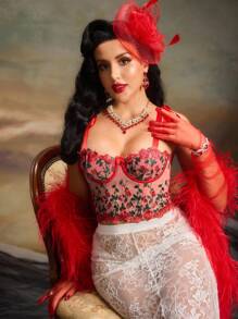 Floral Embroidery Mesh Underwire Bra Lingerie Bridallingerie - Red - View 5