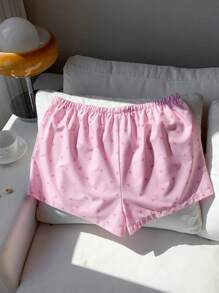 SHEIN EZwear 大码女式优雅条纹印花甜美粉色蝴蝶结低腰弹力短裤，夏季 - 粉色 - 查看 2