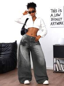 SHEIN ICON 女士休闲牛仔裤，极简主义日常穿着，宽松女士牛仔裤 - 黑色 - 查看 5