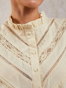 COSMINA Women's Solid Color Lace Trim Panel Cuff Elegant Single-Breasted Blouse - Beige - View 5