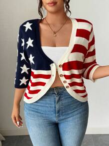 Elenzga Plus Size Fashionable Versatile Short Casual Striped Cardigan American Flag Top Patriotic Top 4th Of July Top Red White And Blue Top American Flag Cardigan Winter Fall Autumn - Multicolor - View 6