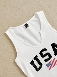 SHEIN EZwear فستان نسائي كاجوال بياقة V منخفضة بدون أكمام، طباعة علم وحرف أمريكي، بتصميم بسيط